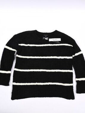 NWT Tribal 2X Black Ivory Stripe Fuzzy Plush Sweater Plus Size